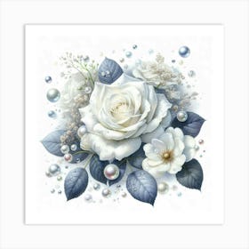 White Roses With Pearls Art Print