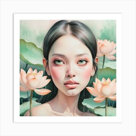 Asian Girl With Lotus 3 Art Print