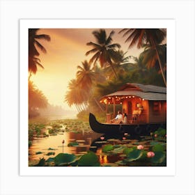 Kerala Houseboat At Sunset Art Print