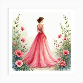 Beautiful Gown Watercolor, Set In A Lush Garden Of Blossoms 1 Art Print