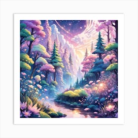 A Fantasy Forest With Twinkling Stars In Pastel Tone Square Composition 31 Art Print