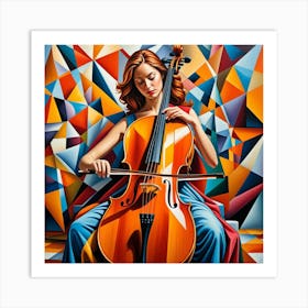 Woman Playing Cello Cubism Style Art Print