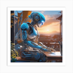 Robot Woman Sitting At A Table Art Print