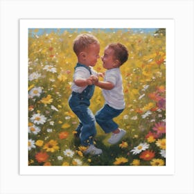 A painting of Baby and Johnny dancing in a field of flowers. Art Print