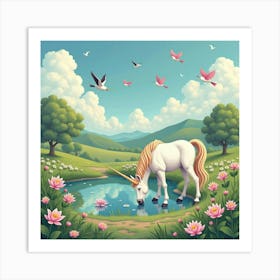 A Fanciful Unicorn Grazing Near A Pond Of Lilies, With Colorful Birds Flying Overhead Art Print