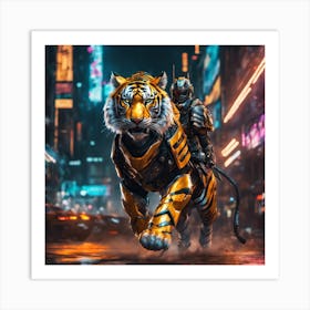 flash riding a tiger wearing full body heavy duty armour in highly detailed digital painting in cyberpunk style Art Print