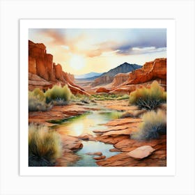 Watercolor A Serene Landscape In Great Basin Desert Bathed In Shades Of Terracotta Olive Green Art Print