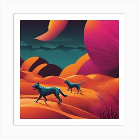 An Image Of A Dog Walking Through An Orange And Yellow Colored Landscape, In The Style Of Dark Teal (3) Art Print