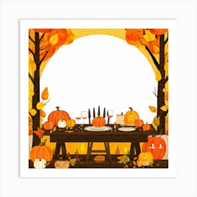 An Illustration Of A Thanksgiving Inspired Table Set Against An Autumn Nature Backdrop Showcasing A (1) Art Print