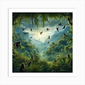 Jungle Scene With Monkeys And Birds Art Print