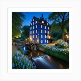 Blue House At Night Art Print