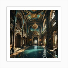 interno palazzo antico con piscina colore oro finestre archi Art Print