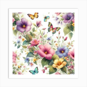 A beautiful watercolor painting of a garden in full bloom with colorful flowers and butterflies, featuring pink, purple, violet, and yellow flowers of various shapes and sizes, with green leaves and stems, set against a soft white background. Art Print