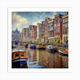 Amsterdam Canals - A canal scene in Amsterdam, with colorful houses lining the banks and boats floating by. The scene is rendered in a realistic, painterly style 1 Art Print