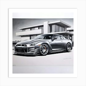 A Highly Detailed Pencil Drawing Of A Sleek, Silver Nissan GTR R35 In Front Of A Contemporary, Modern House 2 Art Print