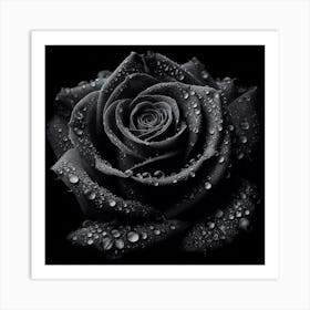 Black Rose With Water Drops Art Print