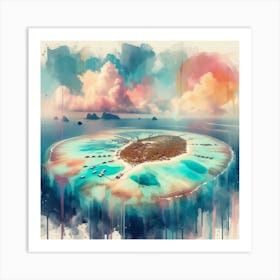 Ocean’s Embrace, An abstract piece in watercolors emphasizing on the circular embrace of the atoll around its central lagoon. This artwork would fit well in a dining room or a kitchen, where it can add some color and warmth to the space. 2 Art Print