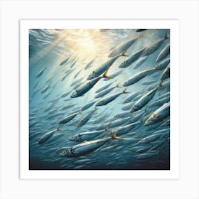 Sardine School - Sardines Art Prints: A school of sardines swimming in the ocean, with the sunlight filtering through the water and the fish shimmering and gleaming. The scene is rendered in a realistic, painterly style. Art Print