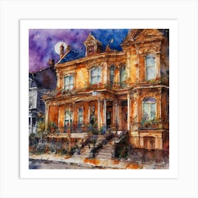 Watercolor painting of a beautiful wooden home in one a neighborhood at night with a shining moon Art Print