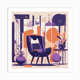 Drew Illustration Of Cat On Chair In Bright Colors, Vector Ilustracije, In The Style Of Dark Navy An Art Print