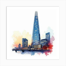 Watercolor Depiction Of The Shard In London, Featuring Its Modern Glass Facade Against A Vibrant Cityscape Art Print