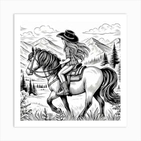 Line Art girl rider on a horse 1 Art Print