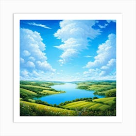 Cumulus Clouds Cotton Like In Texture Dominate The Expansive Azure Sky While A Serene Landscape Un (1) 2 Art Print