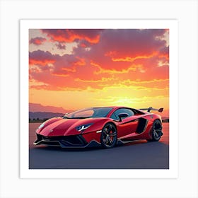 Lamborghini Centenario With A Watercolor Vibrant Sunset Sky 1 Art Print