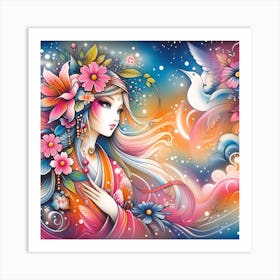 Chinese Girl With Flowers Art Print