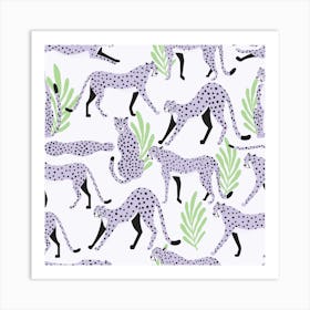 Tropical Light Purple Cheetah Pattern On White With Green Florals Square Art Print