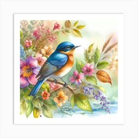 Blue Bird With Flowers Art Print