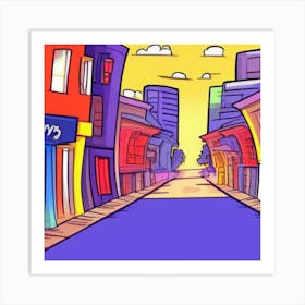 A cartoon depiction of a street with stores Art Print