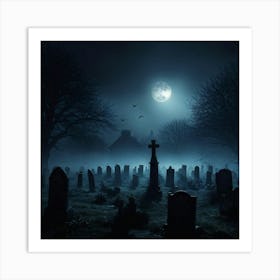 Full Moon Casting An Eerie Glow Over A Cemetery Gravestones Crooked With Names Worn By Time Mist C (4) Art Print