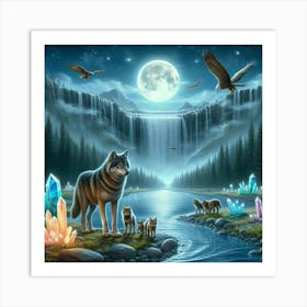 Wolf and Cubs on the Mushroom Crystal Riverbank Art Print