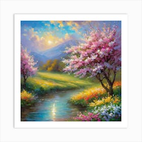 Cherry Blossoms By The Stream Art Print