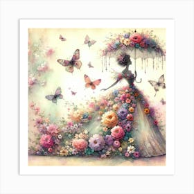 Lady With Flowers And Butterflies Art Print