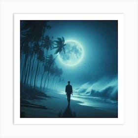 Man Walking On The Beach At Night 1 Art Print