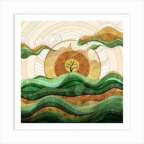 Straight and broken flowing lines and tree shapes, gold, sage, in the form of a tropical ocean. 3 Art Print