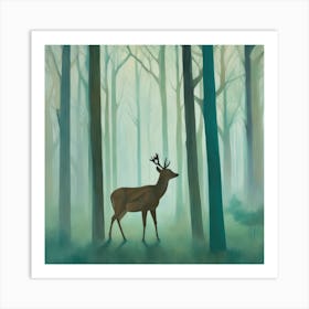 Deer in Misty Forest Series. Style of Hockney. Art Print