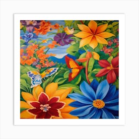Colorful Flowers And Butterflies Art Print