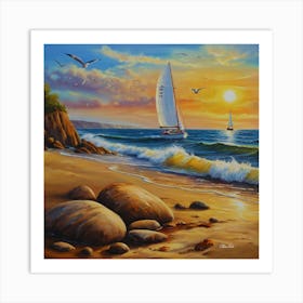 Oil painting design on canvas. Sandy beach rocks. Waves. Sailboat. Seagulls. The sun before sunset.12 Art Print