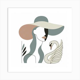 Beauty with Big Hat and a Swan - Creative Drawing Art Print