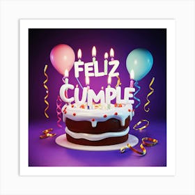 Feliz cumple and Feliz cumpleaños sign means Happy Birthday in Spanish language, Birthday party celebration gift with birthday cake candle colorful balloons best congratulation over light background wall artFeliz Cumple 26 Art Print