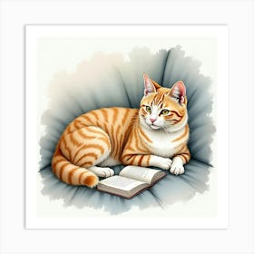 A Turkish Angora Cat Lounging Next To Its Owner Reading A Book, Watercolor 1 Art Print