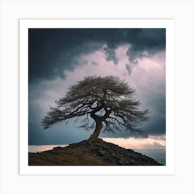 Lone Tree, A Lone Tree Standing Strong On A Cliff Edge Against A Stormy Sky Representing The Courage Art Print