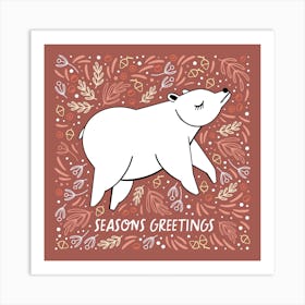 Christmas Bear Brown Square Illustrated Art Print