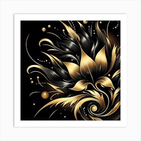 Gold Floral Design On Black Background Art Print