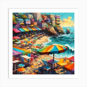 A Majestic Vista Atop A Beach Cliff Overlooking Beach Bars  Art Print