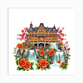 House With Roses And Waterfall Art Print