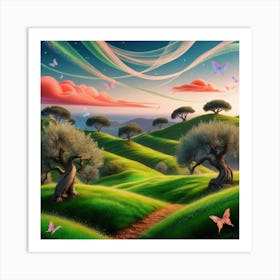 Landscape With Trees And Butterflies Art Print